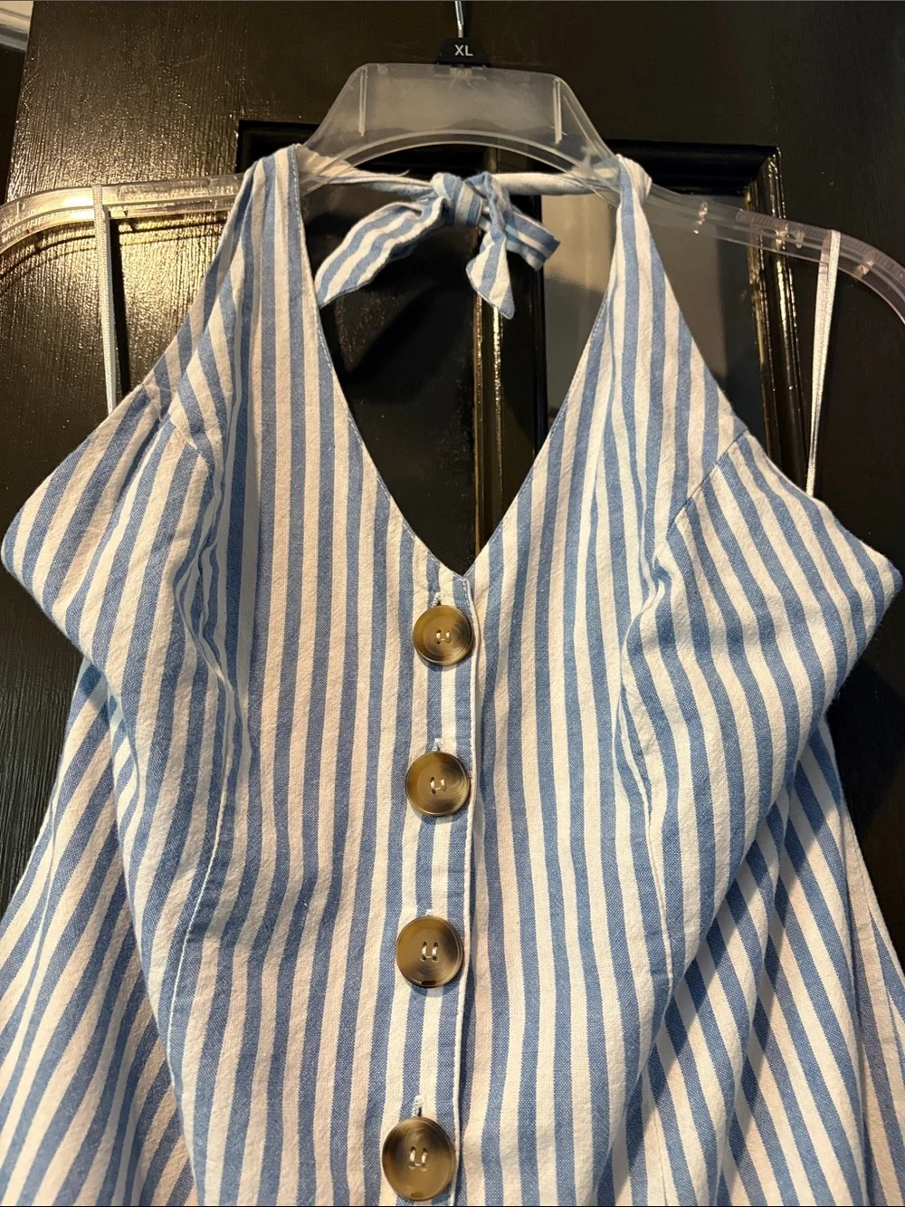 Blue & White Striped Halter Romper with Front Buttons